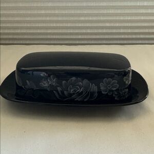 Mikasa Opus Black Covered Butter Dish Roses flowers Art Deco Ceramic Kitchen